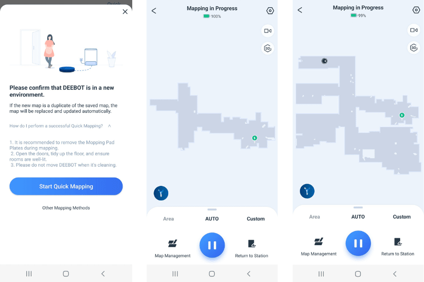 Der Schnellkartierungsprozess ist in der ECOVACS DEEBOT X1 Turbo App zu sehen